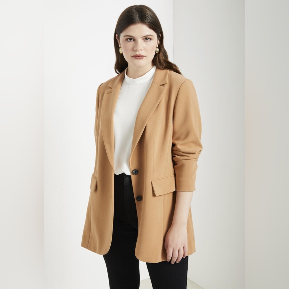 ELOQUII The 365 Suit Long Tailored Blazer Jacket In Biscuit, 24